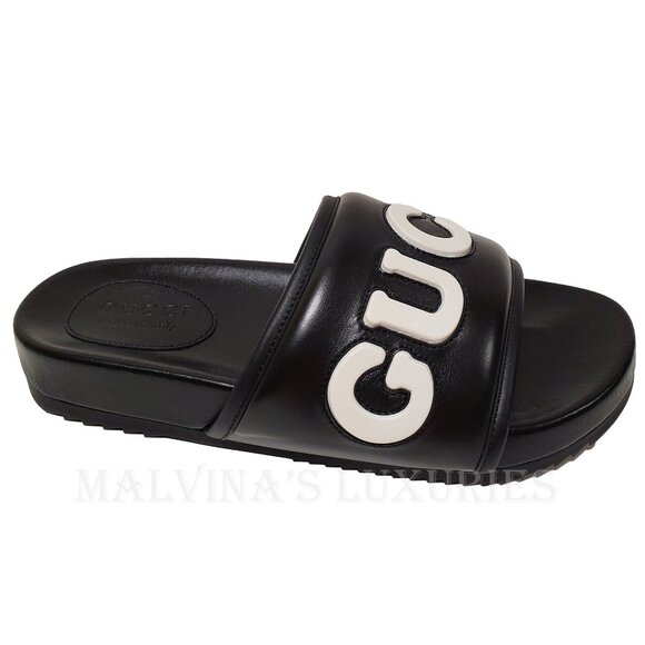 GUCCI SHOES MENS BLACK LEATHER JUMBO LOGO SLIDES FLATS SANDAL sz 8 / 8.5 US - Picture 5 of 15